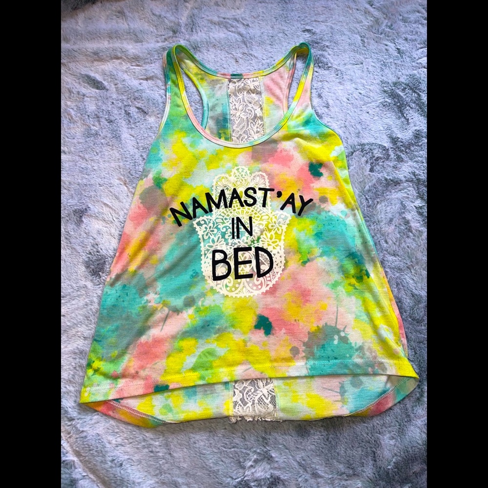 NAMAST’AY IN BED tie dye active tank top by Claire’s with lace back detailing XS